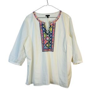 Talbots Women's 2XP 100% Cotton White Embroidered Beaded 3/4" Sleeve Tunic Shirt